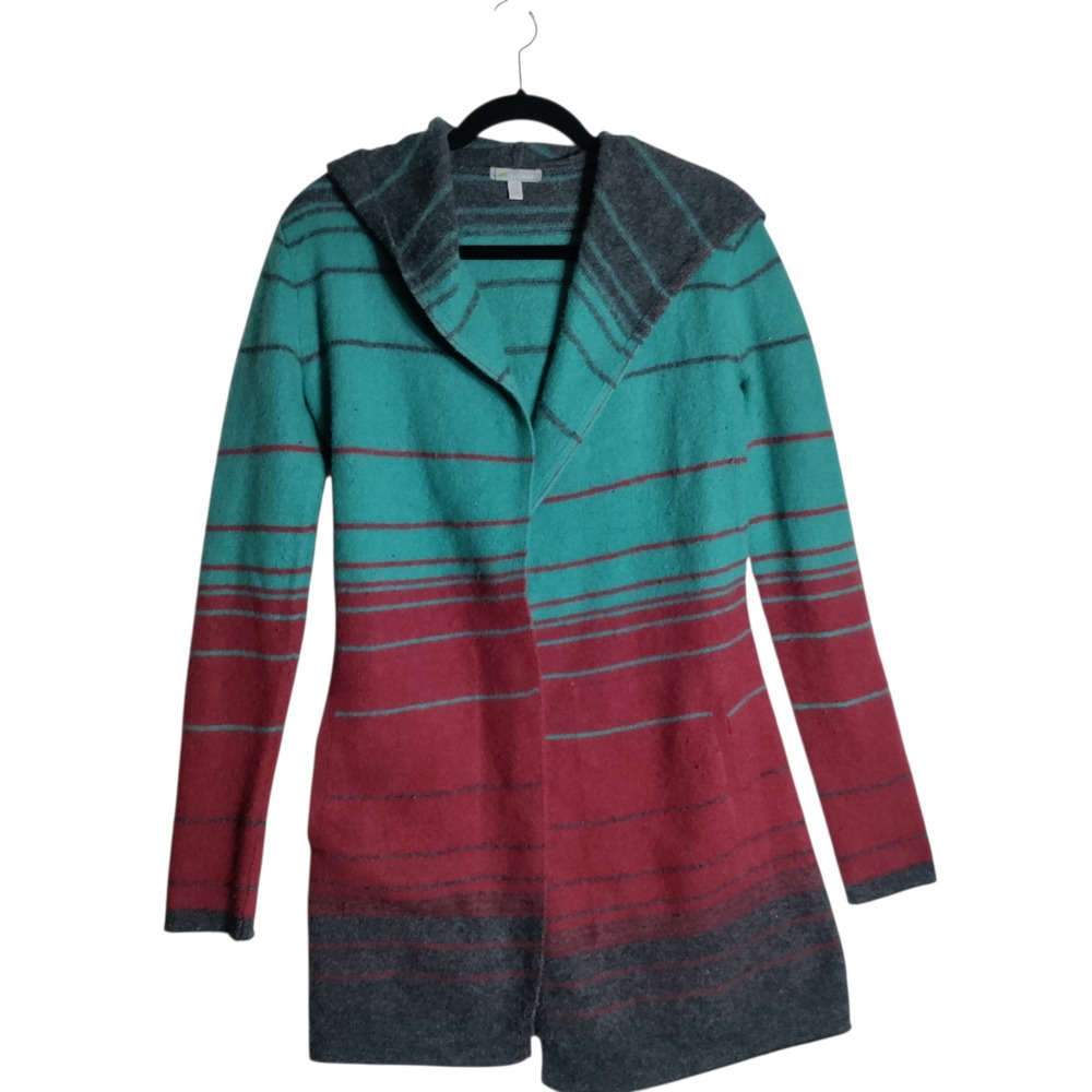 Horny Toad Boiled Wool Angora Hooded Striped‎ Cardigan Sweater XS Teal Burgundy